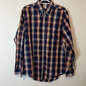 Brooks Brothers Men’s Med Slim Fit Non-Iron Button Down Dress Shirt Blue Orange